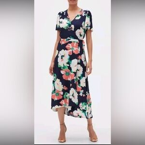 GAP Floral Wrap Midi Dress Short Sleeve Navy Blue Pink White V Neck L Large